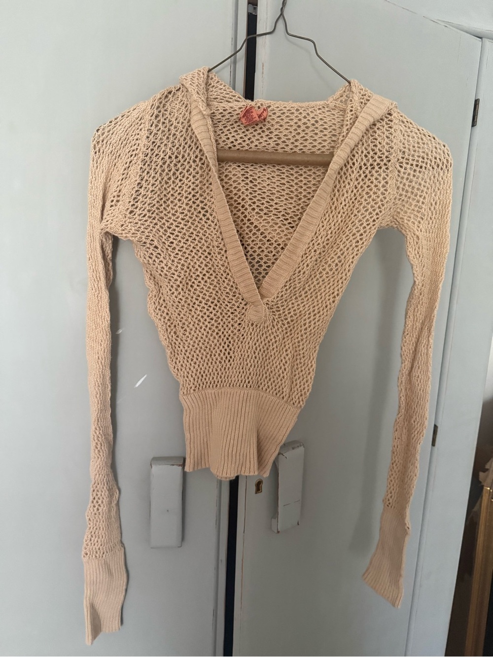 Beige Open-Knit V-Neck  Sweater
